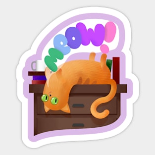 Funny Cartoon Cat with Books Pet Animal Illustration - MEOW Sticker